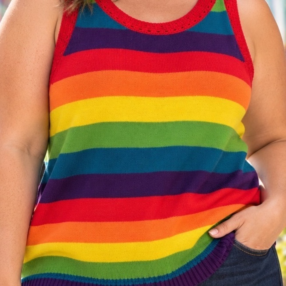 Torrid Womens Plus Size 1 Rainbow Stripe Knit Sweater Tank Top Crochet Trim